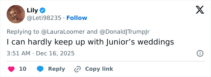 Screenshot of a tweet reacting humorously to Donald Trump Jr.'s engagement soon after his breakup.