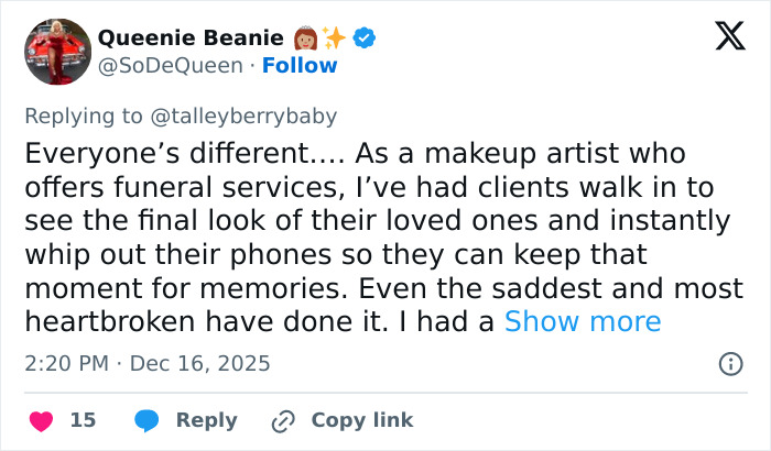 Tweet by Queenie Beanie sharing thoughts on capturing Erika Kirk's curated moment with husband Charlie's body slammed clip.
