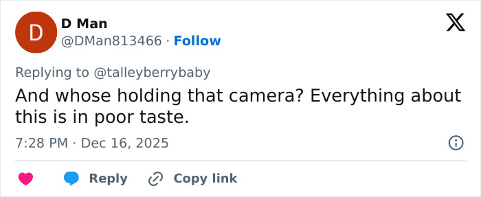 Tweet from user D Man criticizing the camera holder and calling the Erika Kirk curated moment with husband Charlie body slam clip in poor taste.