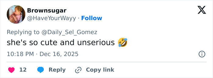 Tweet from Brownsugar replying to Selena Gomez fan account, commenting on Selena Gomez mustache shaving with a laughing emoji.