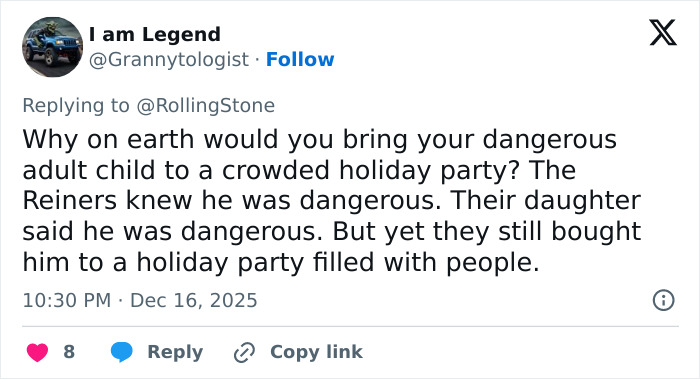 Tweet discussing Rob Reiner's son at a crowded holiday party that freaked out celebrities at Conan O'Brien's event. Tweet discussing Rob Reiner's son at a crowded holiday party that freaked out celebrities at Conan O'Brien's event.