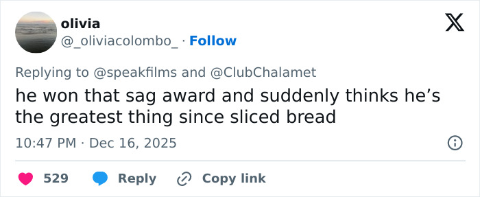 Tweet criticizing Timothée Chalamet’s arrogance and behavior after winning a SAG award, sparking backlash online. Tweet criticizing Timothée Chalamet’s arrogance and behavior after winning a SAG award, sparking backlash online.