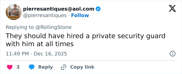 Tweet about Rob Reiner's son asking celebrities at Conan O'Brien's party, mentioning private security concerns. Tweet about Rob Reiner's son asking celebrities at Conan O'Brien's party, mentioning private security concerns.