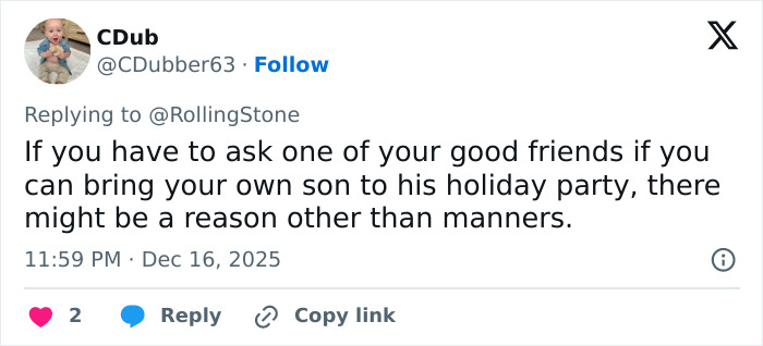 Screenshot of a tweet discussing bringing Rob Reiner’s son to a holiday party and the reaction of celebrities at Conan O’Brien’s event. Screenshot of a tweet discussing bringing Rob Reiner’s son to a holiday party and the reaction of celebrities at Conan O’Brien’s event.