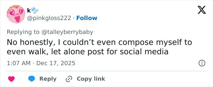 Screenshot of a social media reply discussing emotional difficulty to post, related to Erika Kirk's curated moment with husband Charlie.