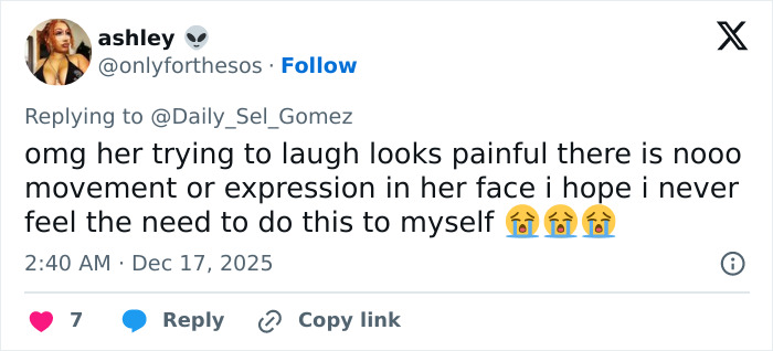 Tweet from fan reacting emotionally to Selena Gomez's response about how she shaves her mustache.