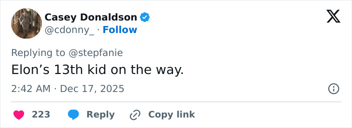 Screenshot of a tweet referencing Elon Musk&rsquo;s comment, showing a reply about his family news on social media.