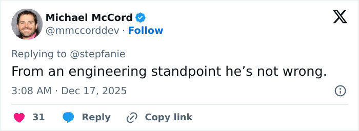 Screenshot of a tweet by Michael McCord replying about Elon Musk&rsquo;s weird comment on Sydney Sweeney&rsquo;s chest sparking online reactions.