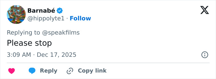 Tweet from Barnabé on social media reading please stop in response to a discussion about Timothée Chalamet arrogance. Tweet from Barnabé on social media reading please stop in response to a discussion about Timothée Chalamet arrogance.