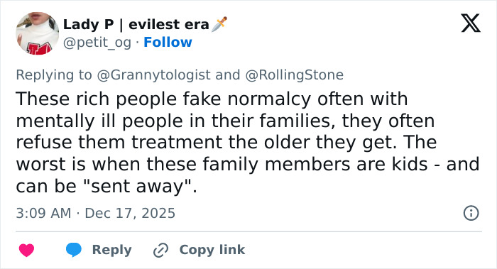 Tweet by Lady P discussing how rich families fake normalcy and refuse treatment for mentally ill kids, highlighting tough family dynamics. Tweet by Lady P discussing how rich families fake normalcy and refuse treatment for mentally ill kids, highlighting tough family dynamics.