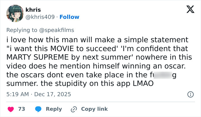 Tweet criticizing Timothée Chalamet for perceived arrogance and embarrassment following an interview about a movie. Tweet criticizing Timothée Chalamet for perceived arrogance and embarrassment following an interview about a movie.
