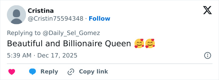Tweet from a fan praising Selena Gomez as a beautiful and billionaire queen in response to her mustache shaving discussion.