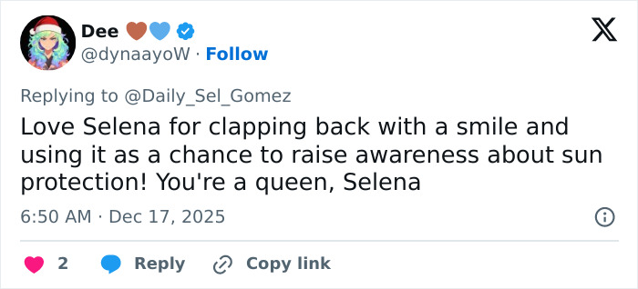 Screenshot of a tweet praising Selena Gomez for her witty response about shaving her mustache and promoting sun protection awareness.