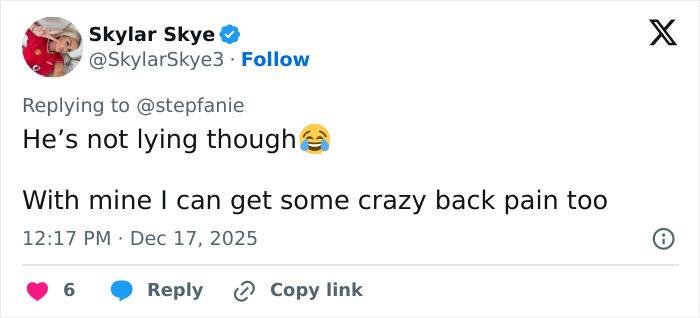 Tweet by Skylar Skye responding to back pain comments, linked to Elon Musk&rsquo;s weird comment about Sydney Sweeney&rsquo;s chest online frenzy.