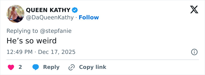 Screenshot of a Twitter reply saying he&rsquo;s so weird in response to Elon Musk&rsquo;s comment about Sydney Sweeney&rsquo;s chest.