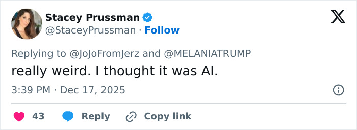 Screenshot of a tweet mentioning Melania Trump’s new documentary with a comment about AI confusion. Screenshot of a tweet mentioning Melania Trump’s new documentary with a comment about AI confusion.