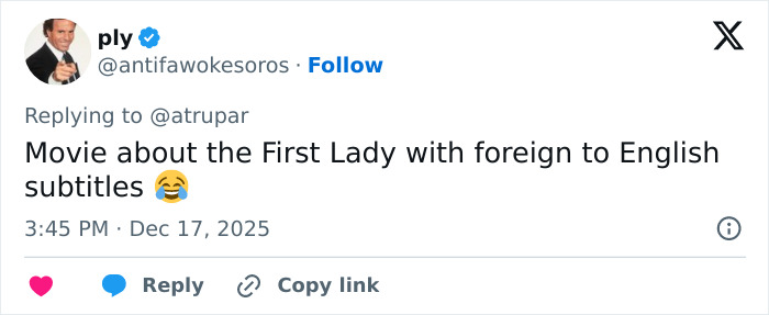 Twitter post discussing reactions to Melania Trump’s new documentary with humor about subtitles and the First Lady. Twitter post discussing reactions to Melania Trump’s new documentary with humor about subtitles and the First Lady.