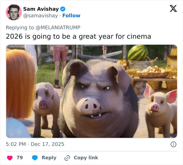 Alt text: Animated angry pig character with two piglets and a person, related to Melania Trump documentary reactions. Alt text: Animated angry pig character with two piglets and a person, related to Melania Trump documentary reactions.
