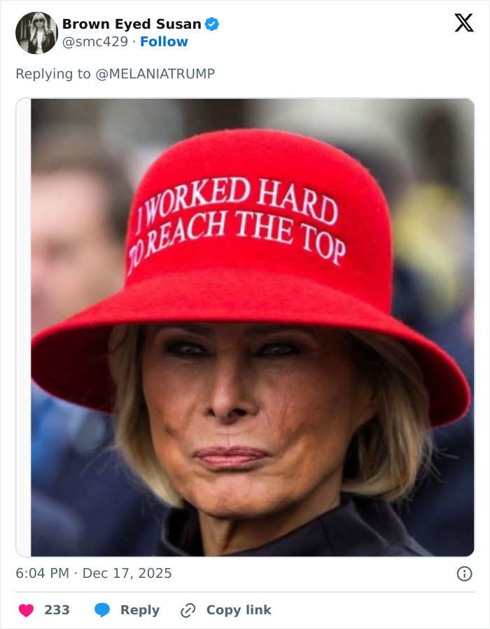 Woman wearing a red hat with text, captured in a social media post about Melania Trump’s new documentary reactions. Woman wearing a red hat with text, captured in a social media post about Melania Trump’s new documentary reactions.
