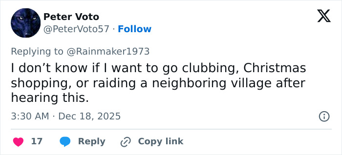 Tweet from Peter Voto reacting humorously to the Mongolian Jingle Bells throat singing viral Christmas anthem of 2025.