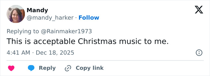 User tweet praising Mongolian Jingle Bells as acceptable Christmas music in 2025, referencing throat singing viral anthem.