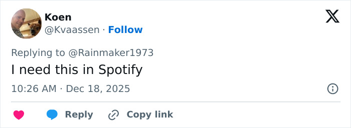Screenshot of a Twitter reply from Koen expressing a desire to find the Mongolian Jingle Bells throat singing viral Christmas anthem on Spotify.
