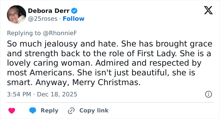 Screenshot of a Twitter comment praising Melania Trump’s grace and strength as First Lady amid her new documentary. Screenshot of a Twitter comment praising Melania Trump’s grace and strength as First Lady amid her new documentary.