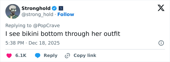 Social media user commenting on Ice Spice's see-through dress revealing a bikini bottom, sparking fan outrage.