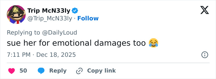 Tweet by user Trip McN33ly replying to DailyLoud with comment about suing for emotional damages, related to Miami gym Karen incident.