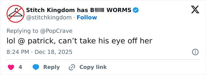 Tweet from Stitch Kingdom responding to PopCrave, commenting on Patrick&rsquo;s reaction to Ice Spice&rsquo;s see-through dress.