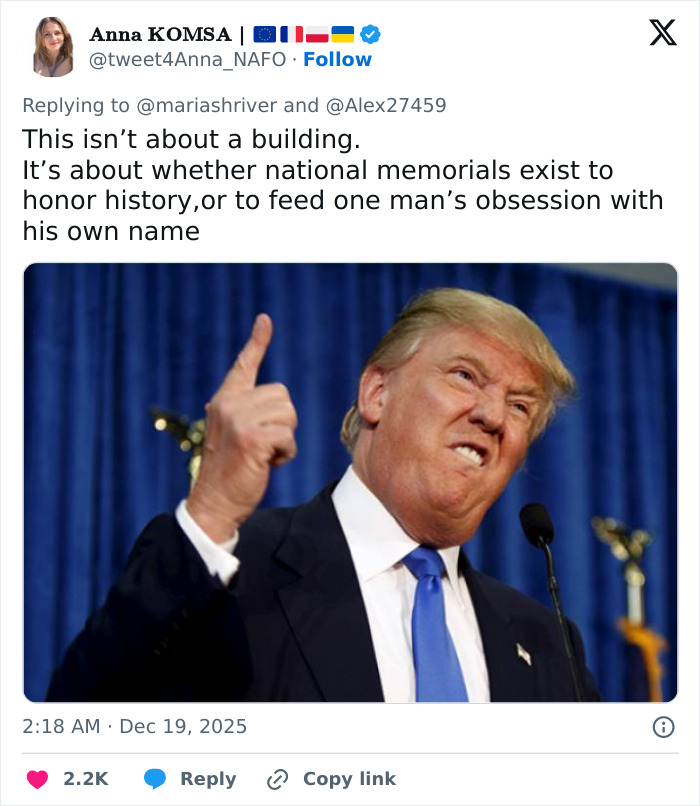 Former President Trump making a forceful gesture during a speech amid Kennedy Center renaming controversy. Former President Trump making a forceful gesture during a speech amid Kennedy Center renaming controversy.