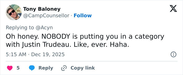 Tweet from Tony Baloney reacting to Justin Trudeau, referencing Russell Brand's bitter response to Katy Perry's new relationship.