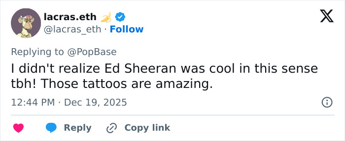 Tweet praising Ed Sheeran&rsquo;s tattoos, reacting to his shredded physique for Men&rsquo;s Health cover sparking debate.