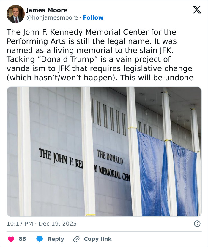 Tweet by James Moore with a photo showing the Kennedy Center renaming controversy and Maria Shriver’s furious post online. Tweet by James Moore with a photo showing the Kennedy Center renaming controversy and Maria Shriver’s furious post online.