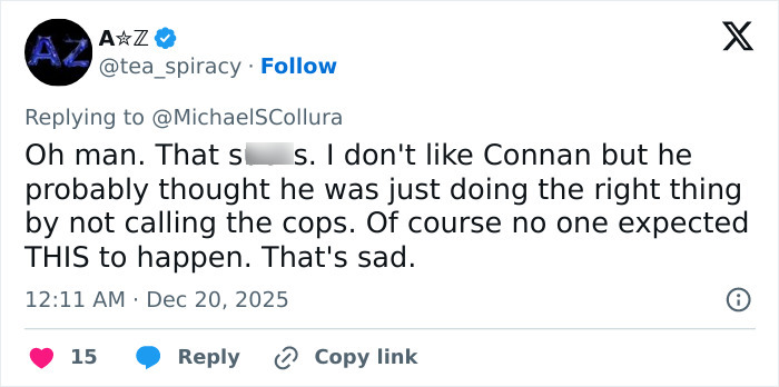 Tweet discussing Conan O&rsquo;Brien stopping a 911 call during Nick Reiner&rsquo;s explosive fight causing fear at a party.