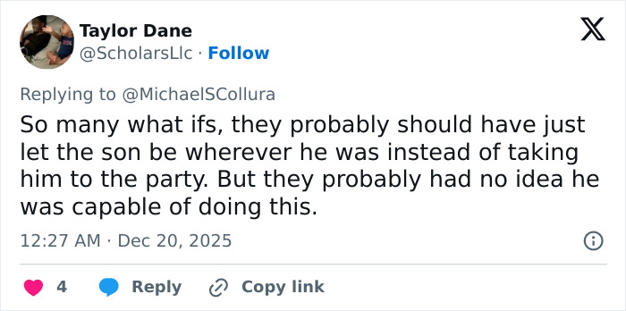 Tweet discussing Nick Reiner&rsquo;s explosive fight with dad at party, mentioning guests' fear and 911 call intervention by Conan O&rsquo;Brien.