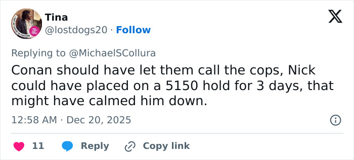 Screenshot of a tweet discussing Nick Reiner&rsquo;s explosive fight and Conan O&rsquo;Brien stopping a 911 call at a party.