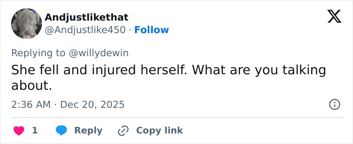 Twitter comment disputing theories about Millie Bobby Brown&rsquo;s arm injury and Jake Bongiovi&rsquo;s control.