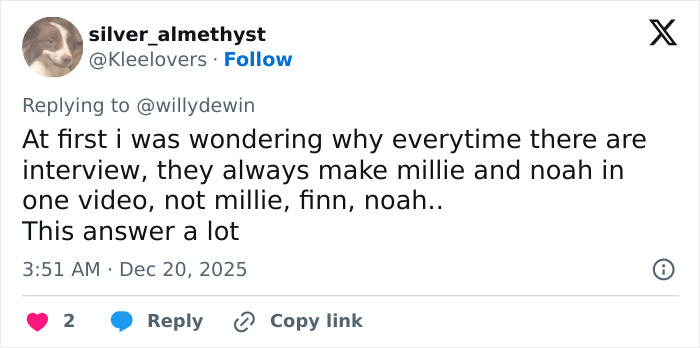 Tweet discussing fan theories about Millie Bobby Brown&rsquo;s arm injury and Jake Bongiovi&rsquo;s control in interviews.