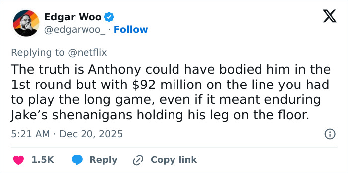 Tweet from Edgar Woo discussing Jake Paul&rsquo;s broken jaw and the financial stakes involved in a fight strategy.
