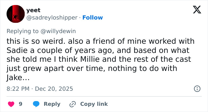 Tweet discussing Millie Bobby Brown&rsquo;s arm injury and fan theories about Jake Bongiovi&rsquo;s control in a casual social media post.