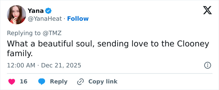 Tweet expressing condolences and support for George Clooney after his sister Ada passes away at 65.