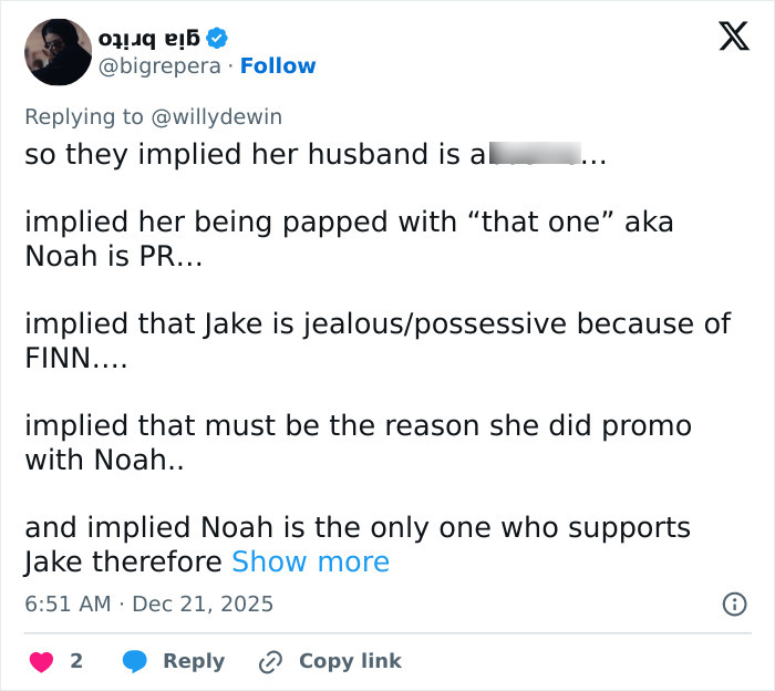 Screenshot of a social media post discussing Millie Bobby Brown&rsquo;s arm injury and fan theories about Jake Bongiovi&rsquo;s control.