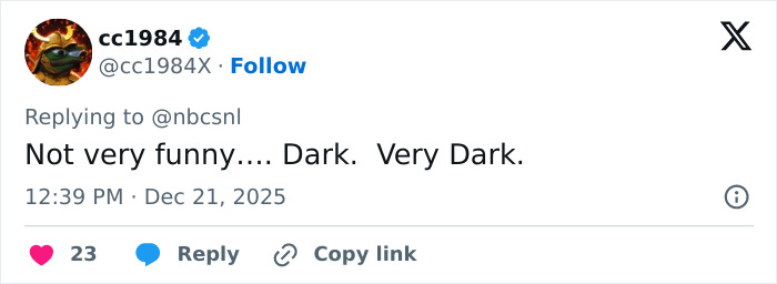 Tweet by user cc1984 criticizing SNL&rsquo;s Home Alone parody starring Ariana Grande with a comment on its dark, bloody twist.