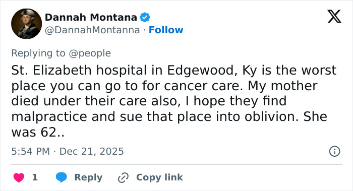 Tweet discussing concerns about cancer care, highlighting George Clooney's heartfelt tribute after sister Ada passes away at 65.