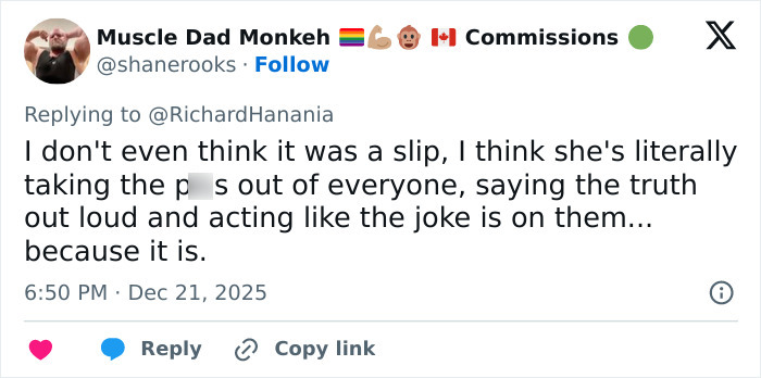 Tweet discussing Erika Kirk&rsquo;s Freudian slip, describing it as an intentional awkward mistake at a TPUSA event.