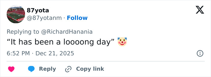 Tweet from user 87yota replying with the phrase it has been a loooong day and a clown emoji referencing a Freudian slip.