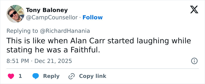 Twitter reply by Tony Baloney joking about an awkward Freudian slip related to Erika Kirk at a TPUSA event.