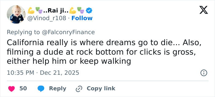 Tweet about Tylor Chase&rsquo;s co-star breaking silence on his homelessness, urging urgent help and awareness.