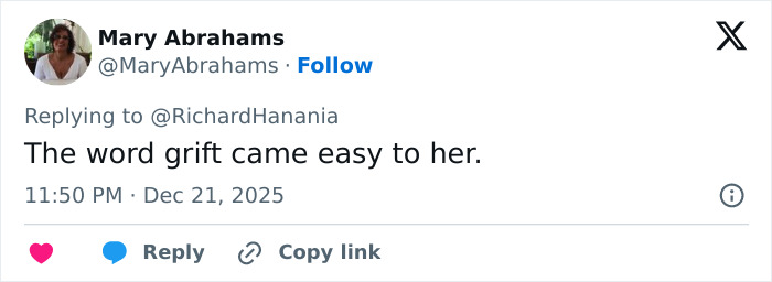 Tweet by Mary Abrahams referencing Erika Kirk&rsquo;s greatest Freudian slip with the word grift at a TPUSA event.